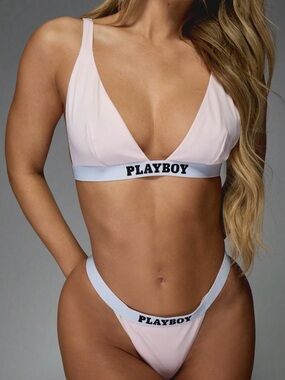 PLAYBOY Pale Pink Triangle Bralette with High Cut Brief - Size XL New
